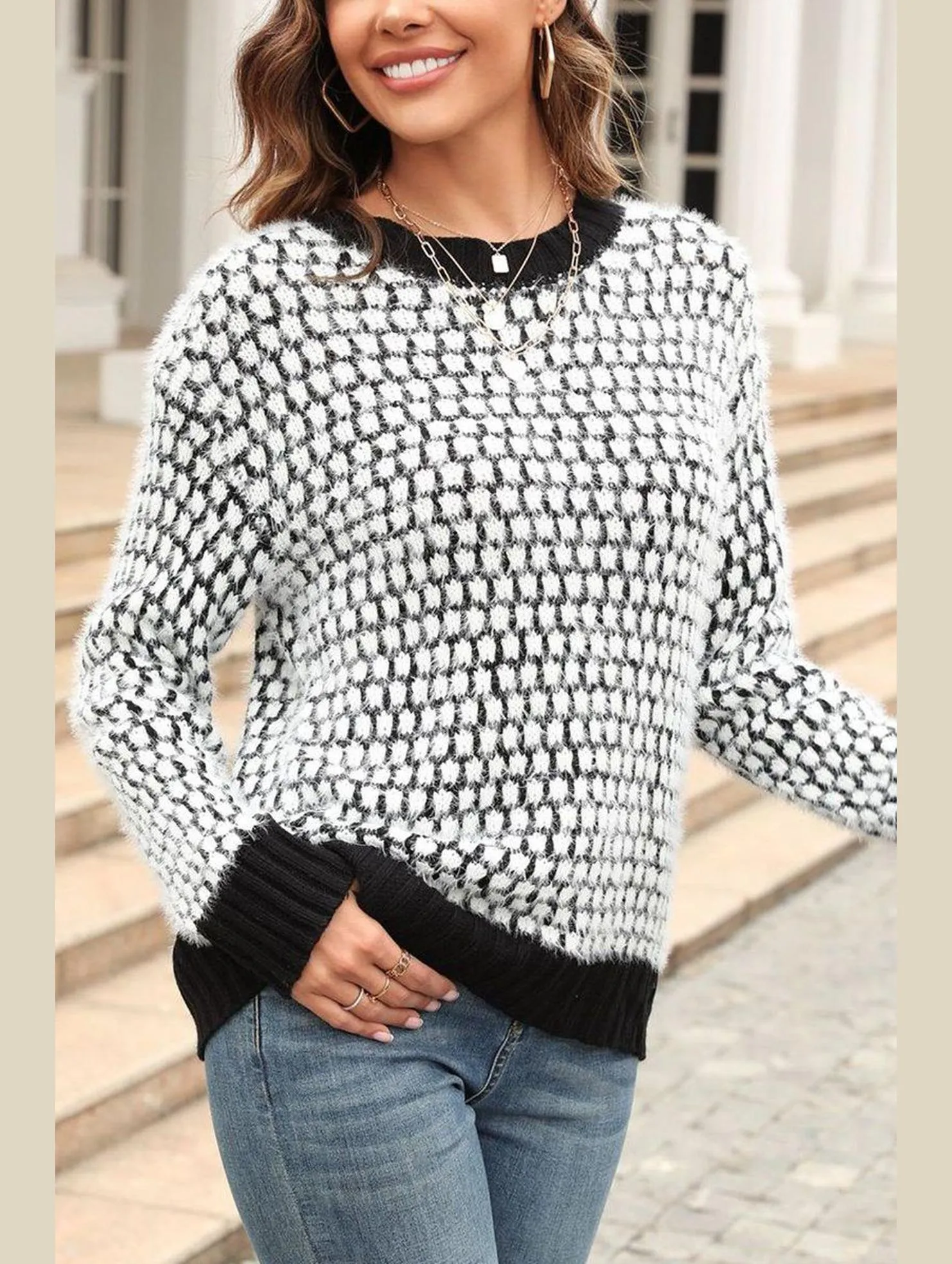 CONTRAST LARGE ROUND NECK LONG SLEEVE SWEATER Stylish Layer