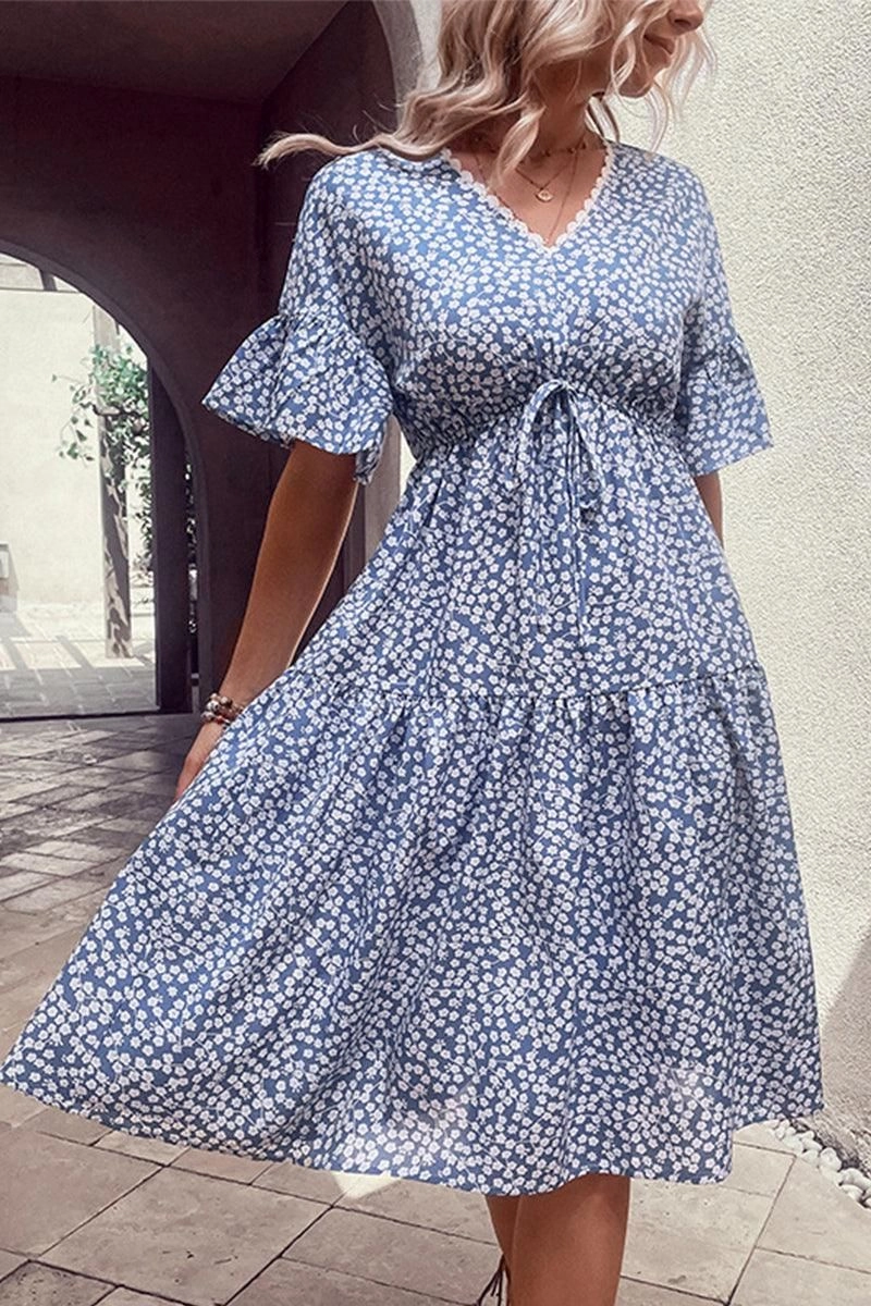 Breath Soft LACE TRIM V NECK EMPIRE WAIST FLORAL DRESS