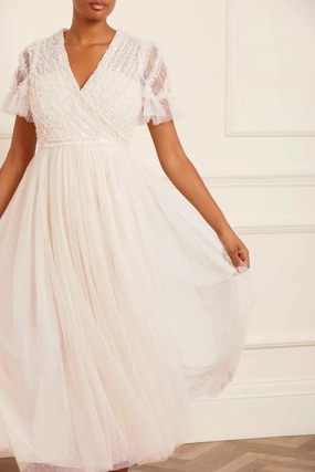 Playful Cut Spiral Sequin Bodice V-Neck Ankle Gown