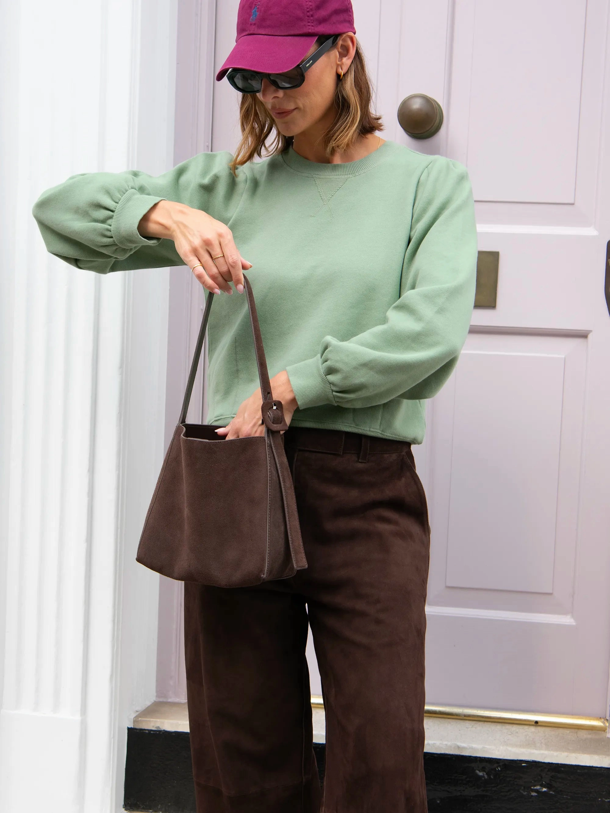 Sage-Green Puff-Sleeved Cotton-Blend Sweatshirt Circular Knit Technique Outdoor Apparel