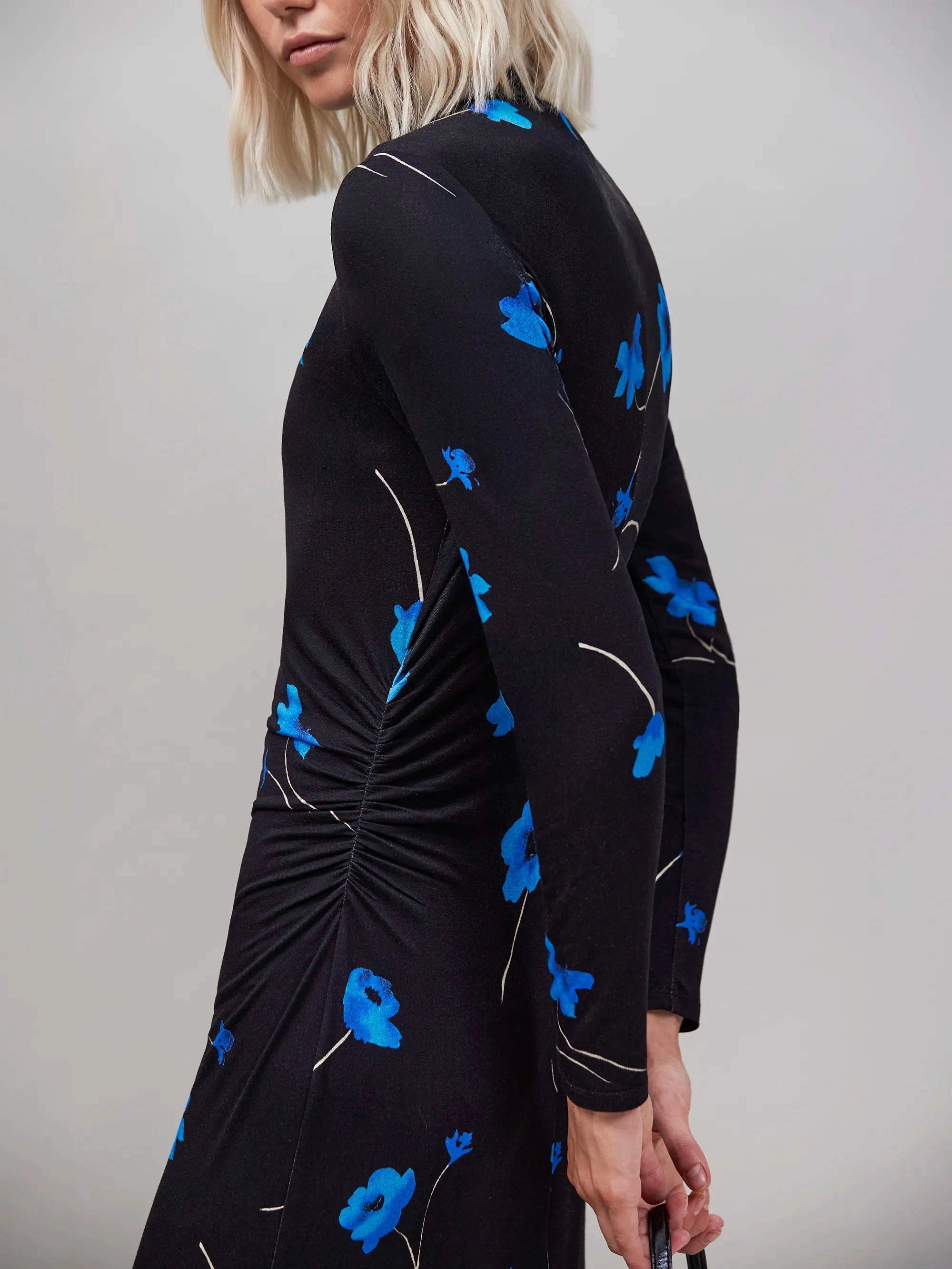 Blue Floral Print Jersey Dress Cozy Layering Statement Neck