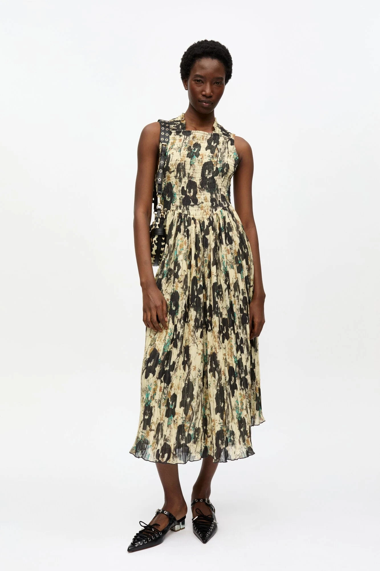 Printed Pleats Smock Midi Straps Dress Subtle Stitch Subtle Lines