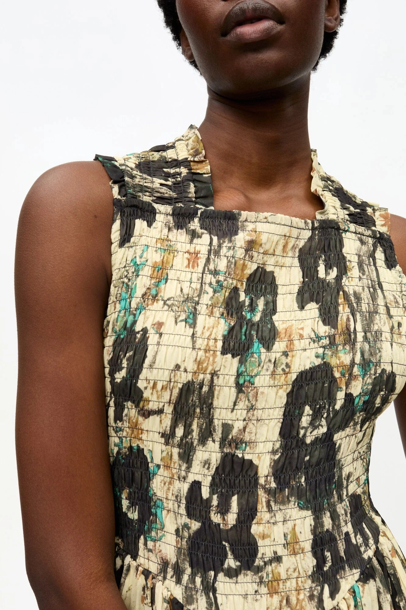 Printed Pleats Smock Midi Straps Dress Summer Mood