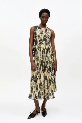 Printed Pleats Smock Midi Straps Dress Subtle Stitch Subtle Lines