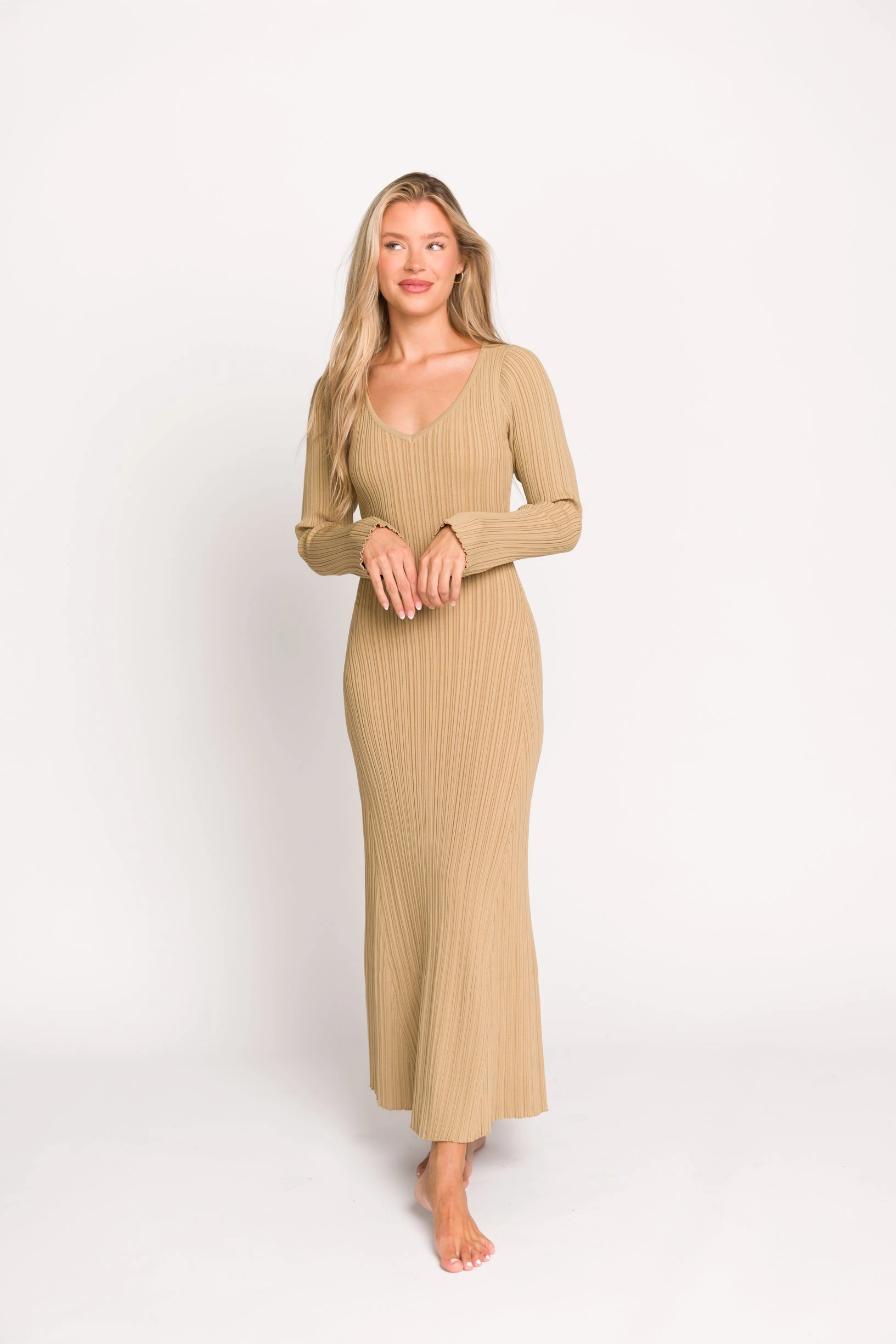Daily Silhouette single wear Keaton Knit Maxi Dress with V-Neckline in Beige