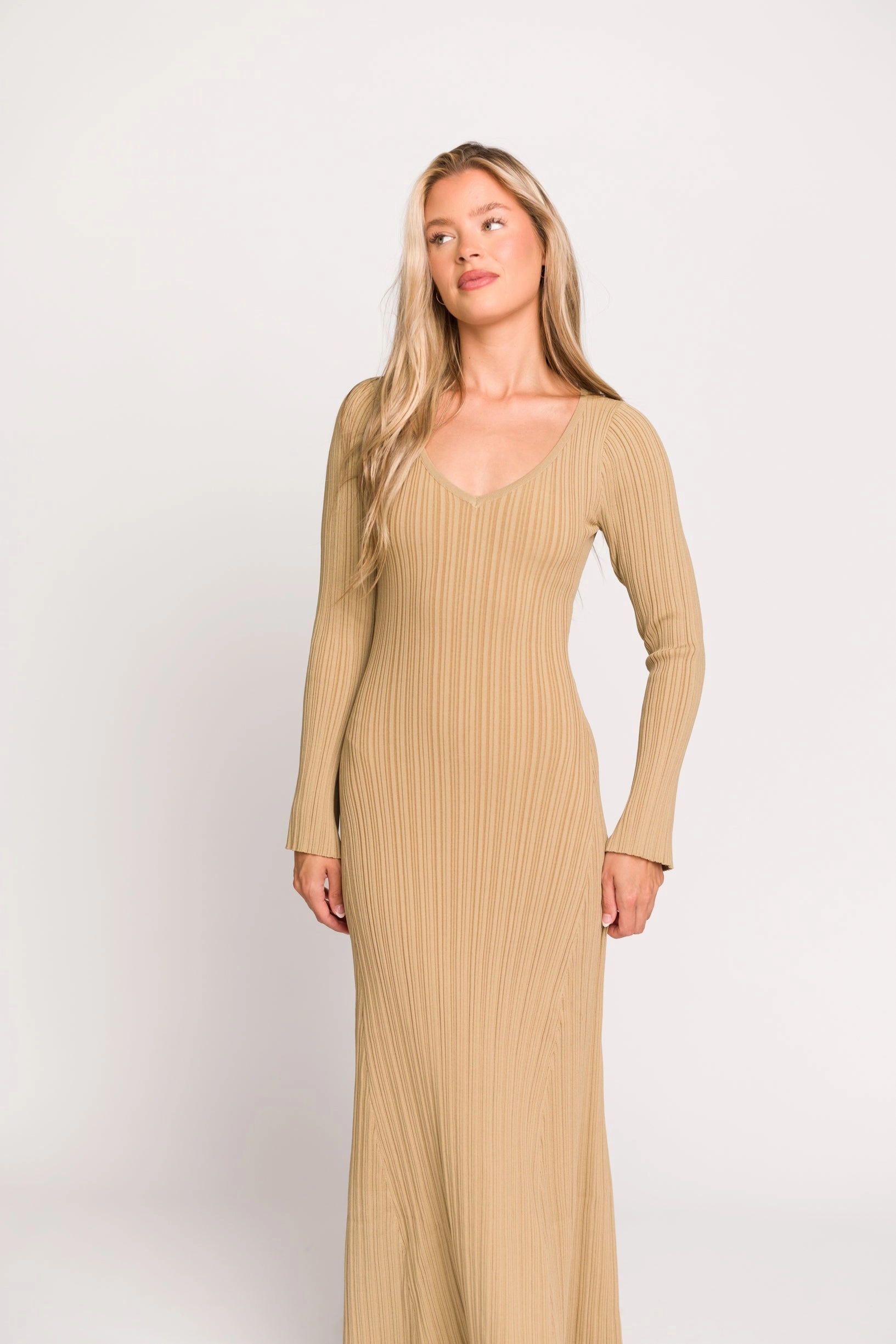 Vibrant Style Keaton Knit Maxi Dress with V-Neckline in Beige