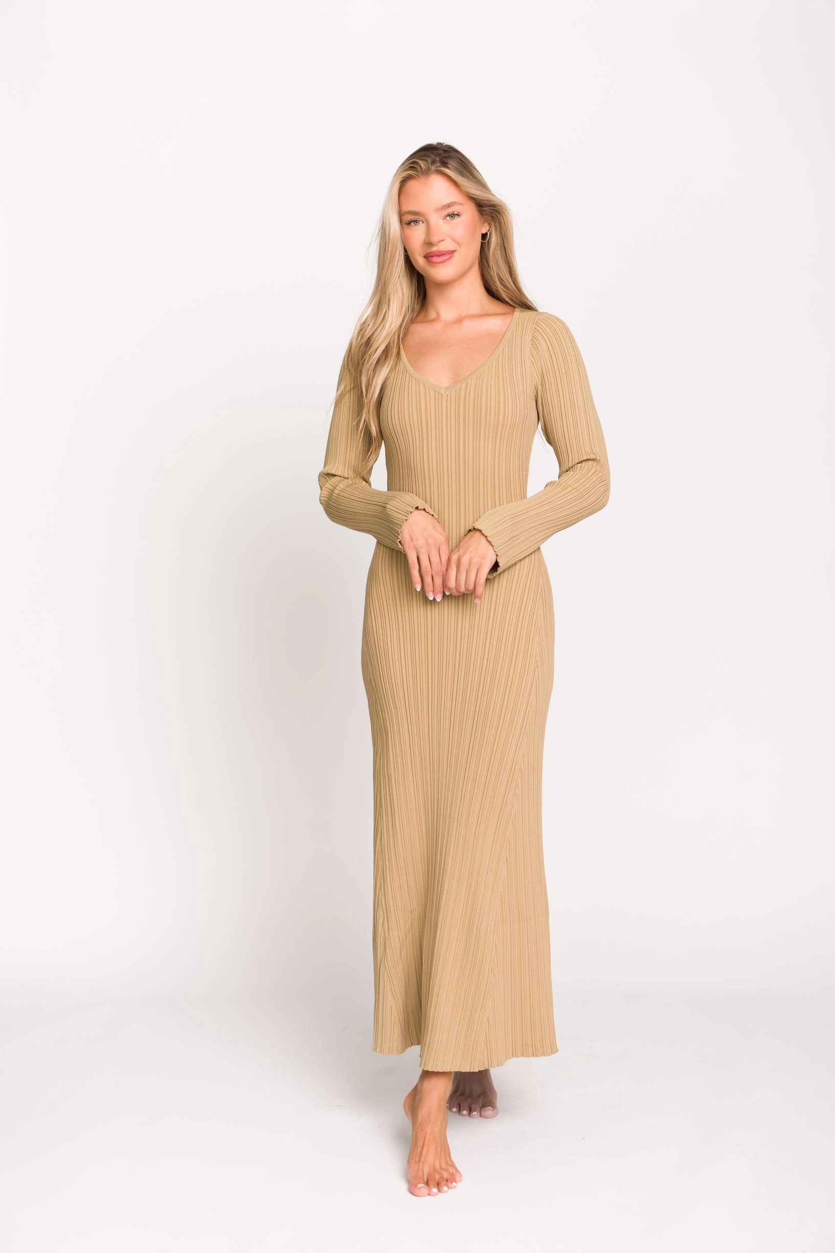 Keaton Knit Maxi Dress with V-Neckline in Beige Urban Energy Beach Moment