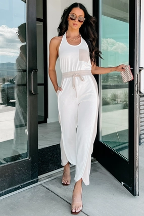 Gym Natural Versatile Comfy Summer Sunsets Halter Jumpsuit (White/Seashell)