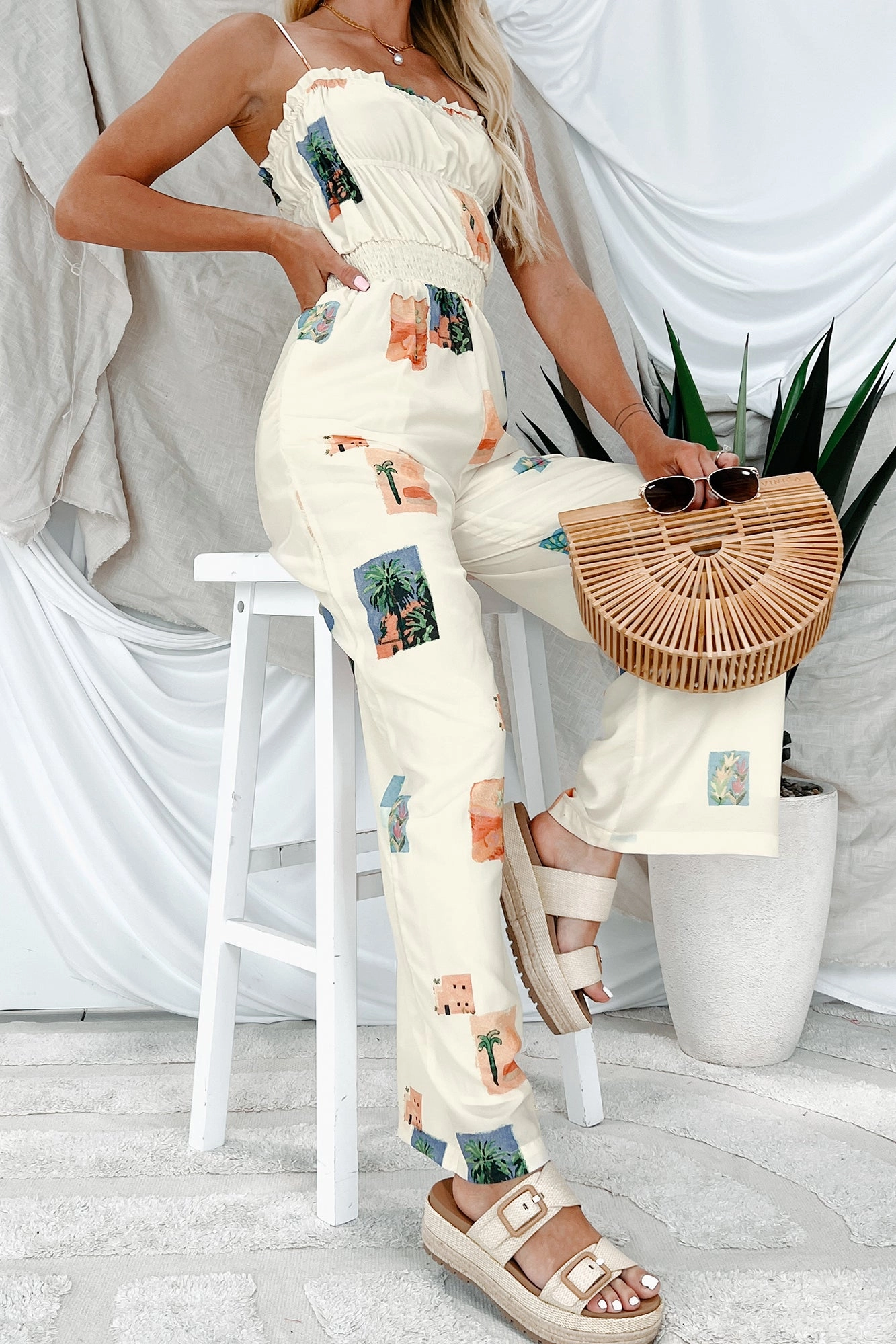 Sun & Done Printed Wide Leg Jumpsuit (Cream) Durable Weekend Dinner Flexible