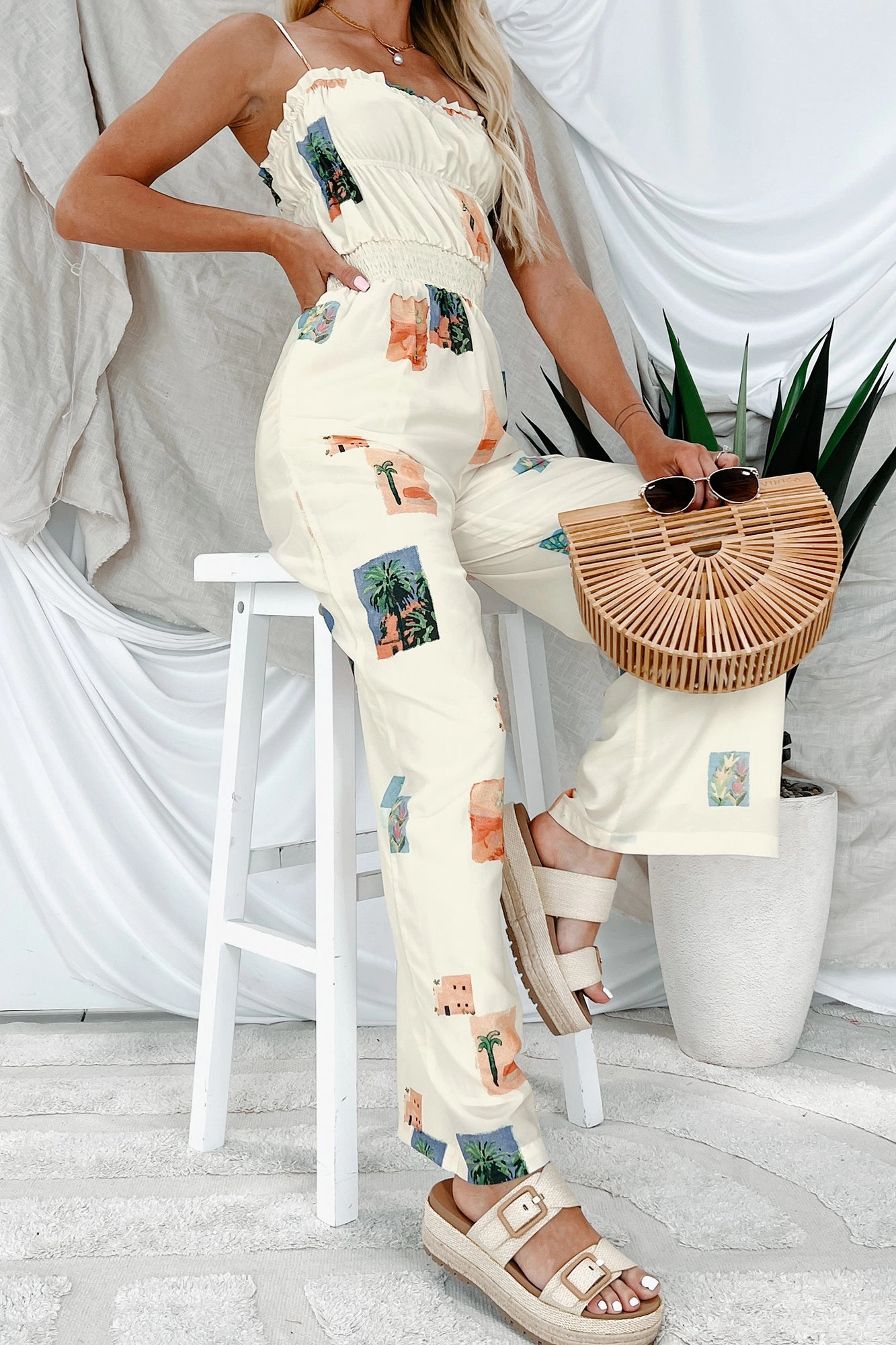 Sun & Done Printed Wide Leg Jumpsuit (Cream) Wedding Picnic Sport Bold