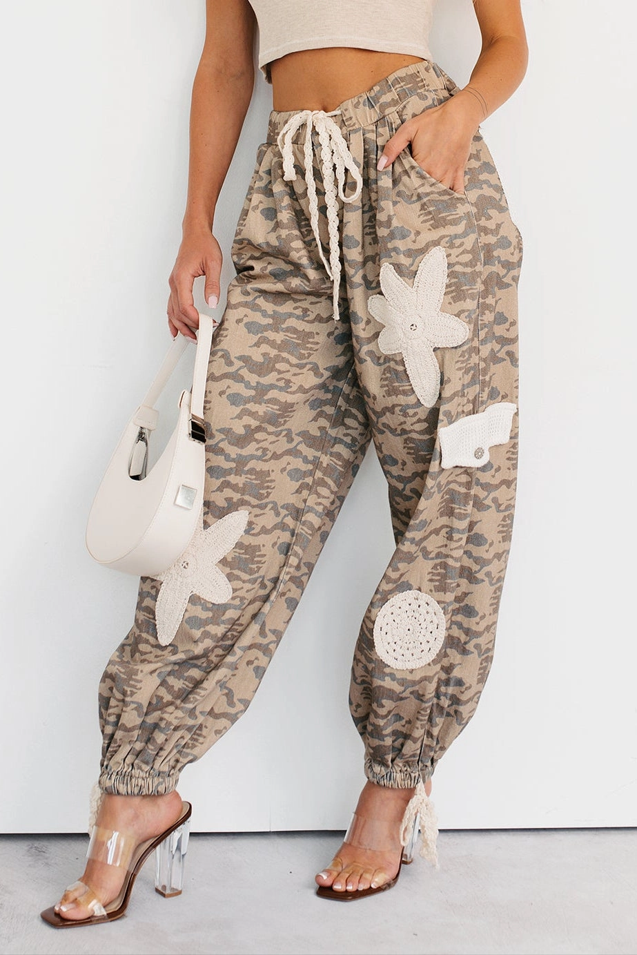 Sun Comes Up POL Drawstring Denim Joggers (Beige Camo) Picnic Style Creative Look Minimalist Style Traveler Gear Earthy