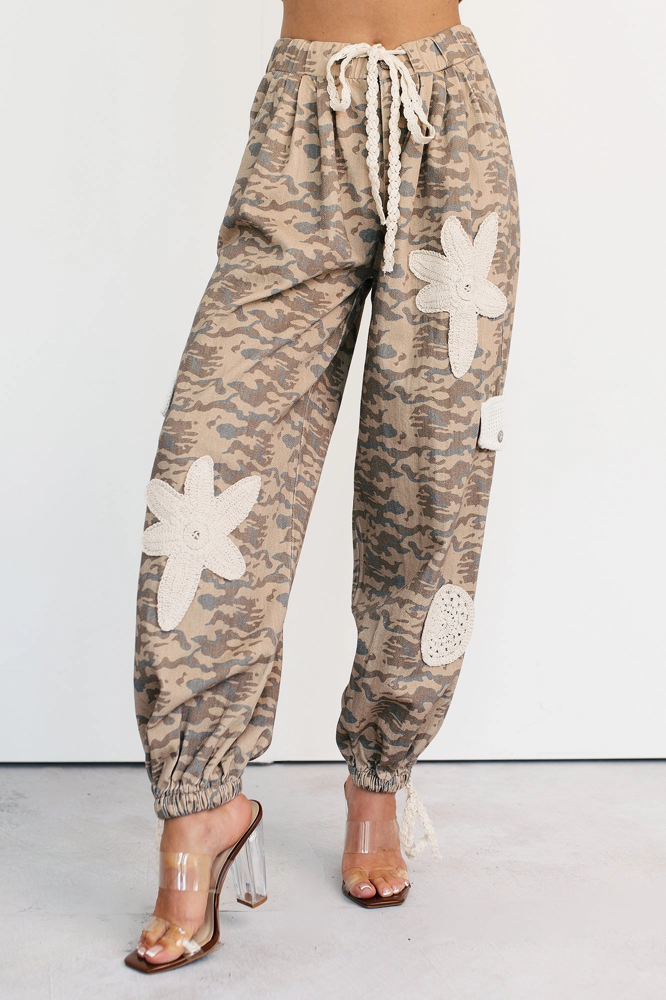 Day Out Style Sun Comes Up POL Drawstring Denim Joggers (Beige Camo)