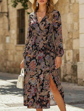 Baby-Shower Retro style V-neck waist printed dress