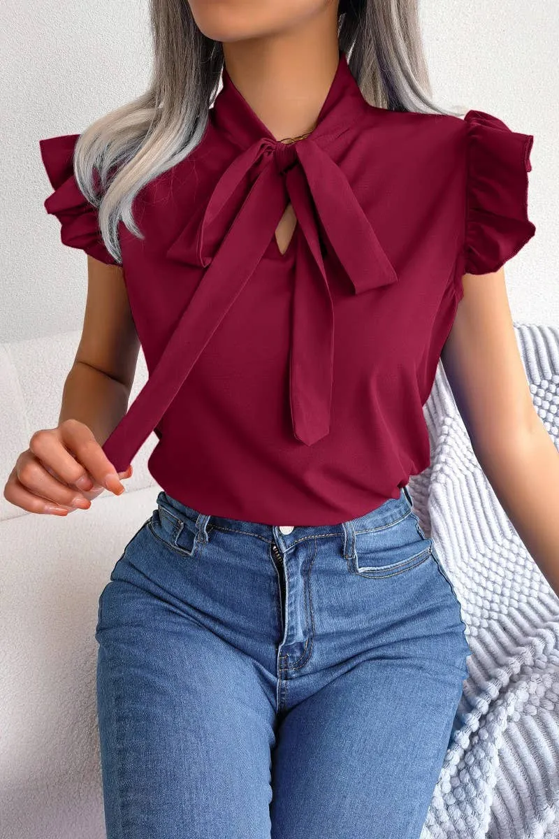Biodegradable Options Trendy Vibes AGARIC EDGE TIE BOW CHIFFON BLOUSE_CWTSTSL0033