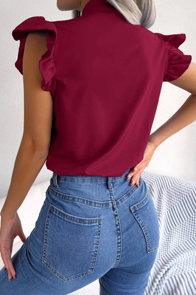 GarmentDyedTexture Glossy Look AGARIC EDGE TIE BOW CHIFFON BLOUSE_CWTSTSL0033