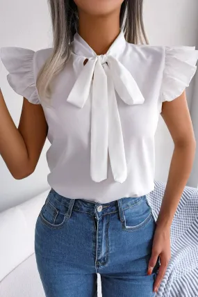 LowMaintenanceMaterial HoodedVersion AGARIC EDGE TIE BOW CHIFFON BLOUSE_CWTSTSL0033