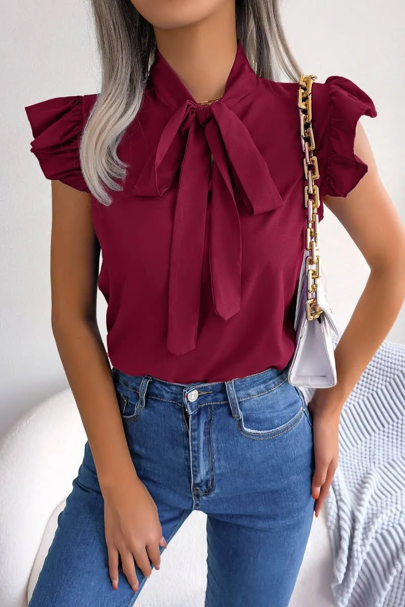 Casual All-Day Slim Silhouette AGARIC EDGE TIE BOW CHIFFON BLOUSE_CWTSTSL0033