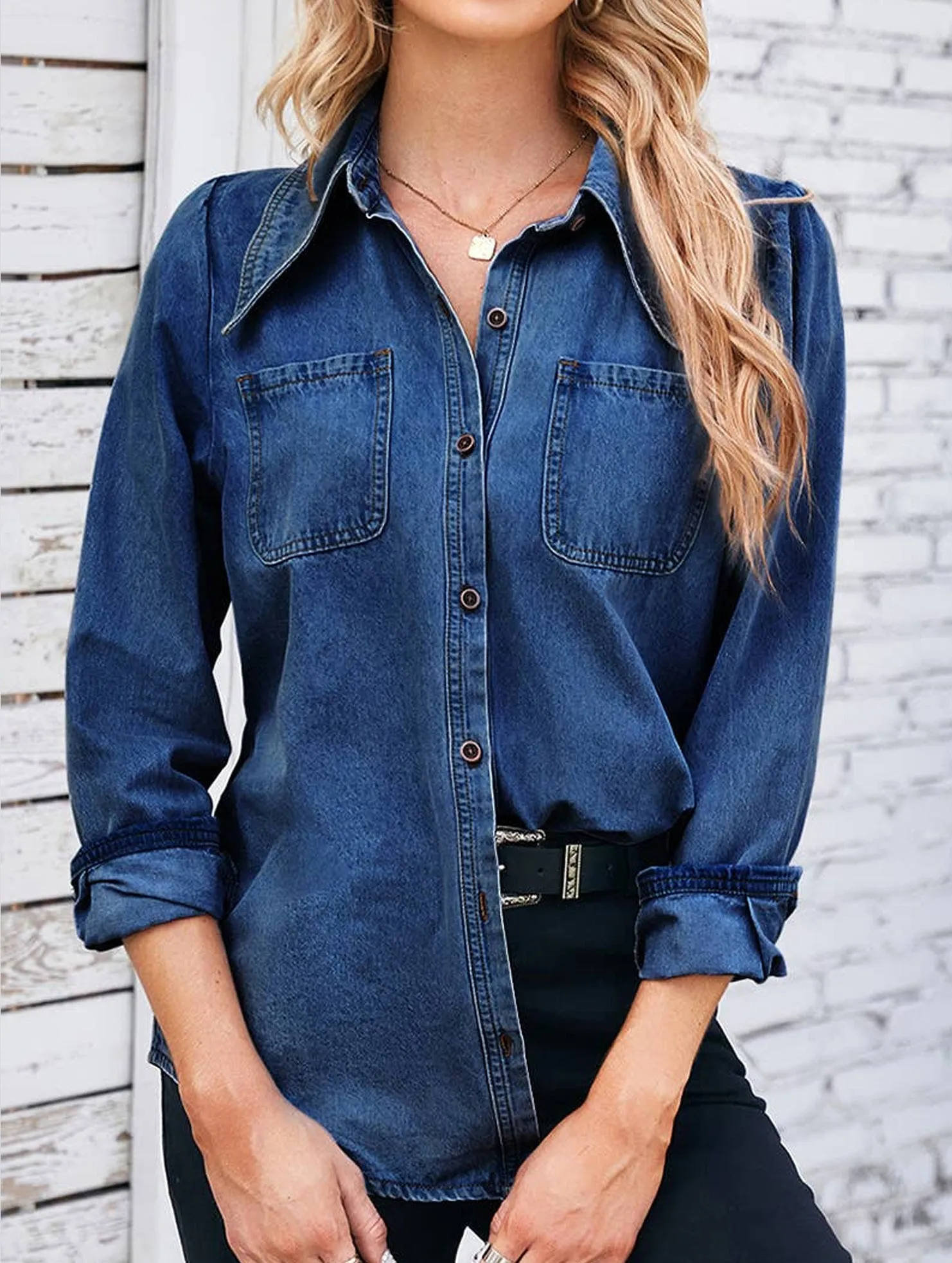 DENIM LONG SLEEVED SHIRT TOP_CWTSTL1055 Urban Trend Look