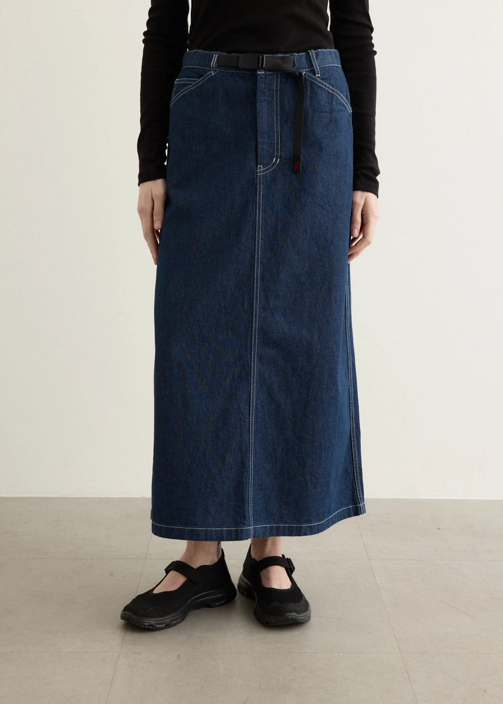 Earthy Modern Minimalist Office Wear Double Stitched Seams Sutter Denim Skirt