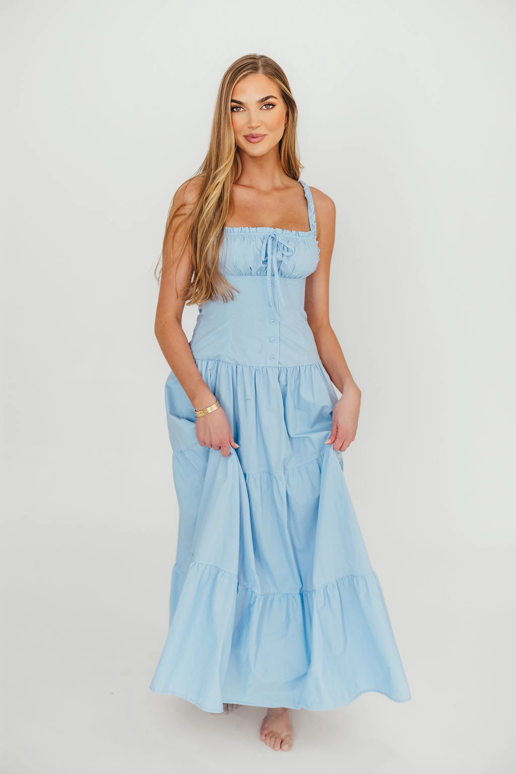 Bold Color Sutton Corset Button Down Tiered Maxi Dress in Light Blue *Final-Sale*