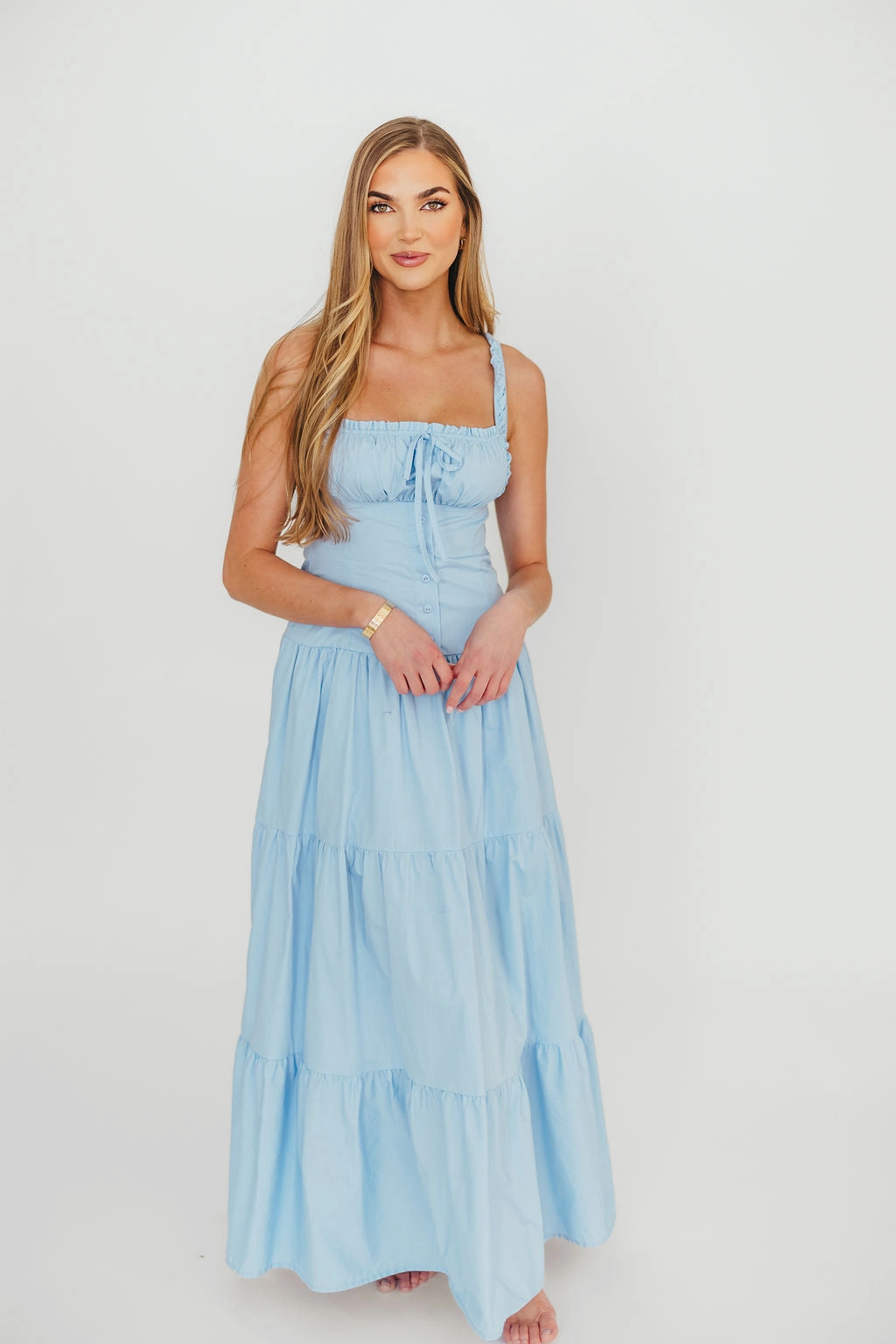 Sutton Corset Button Down Tiered Maxi Dress in Light Blue *Final-Sale* Trendy Silhouette