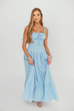 Bold Color Sutton Corset Button Down Tiered Maxi Dress in Light Blue *Final-Sale*