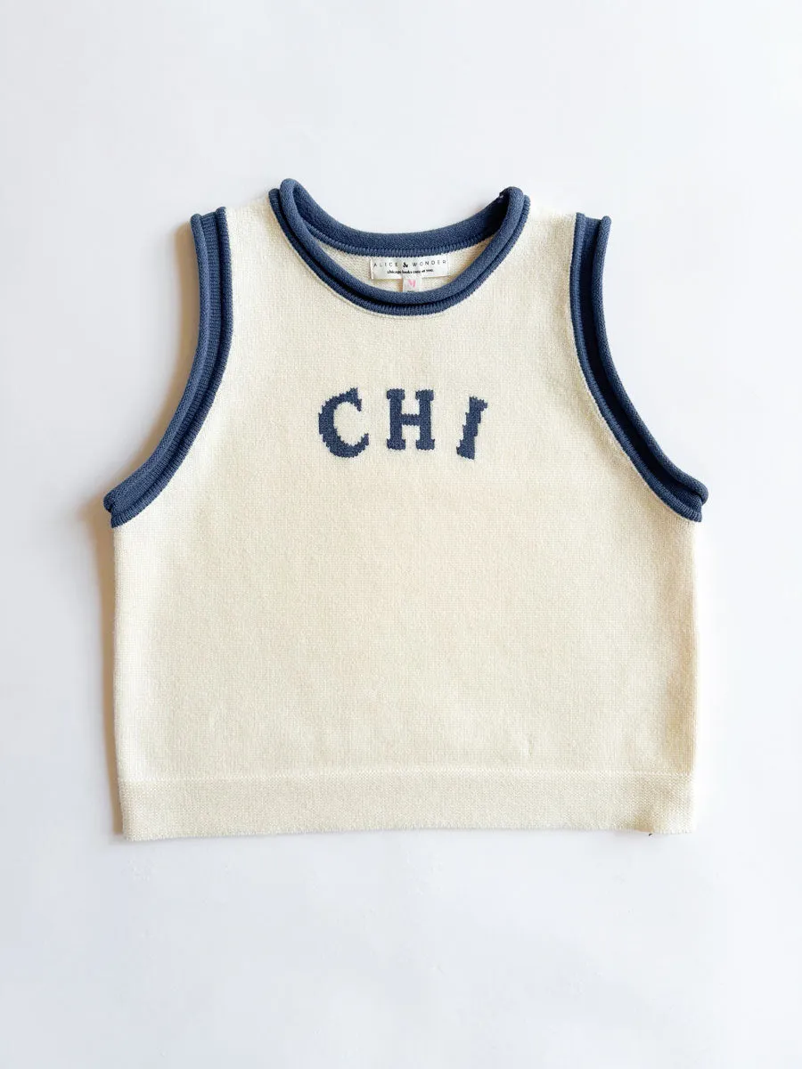 Chi Ringer Sweater Vest - Ivory Blue Combo Yarn Dyed Fabric