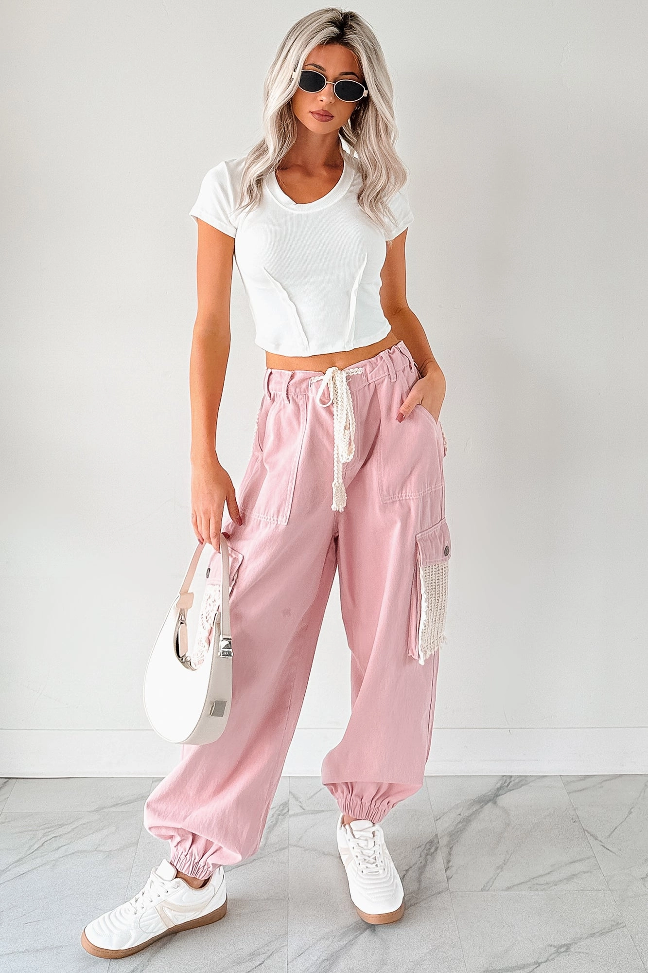 Sweet Melody Crochet Denim POL Joggers (Powder Pink) Affordable Fashion Lover