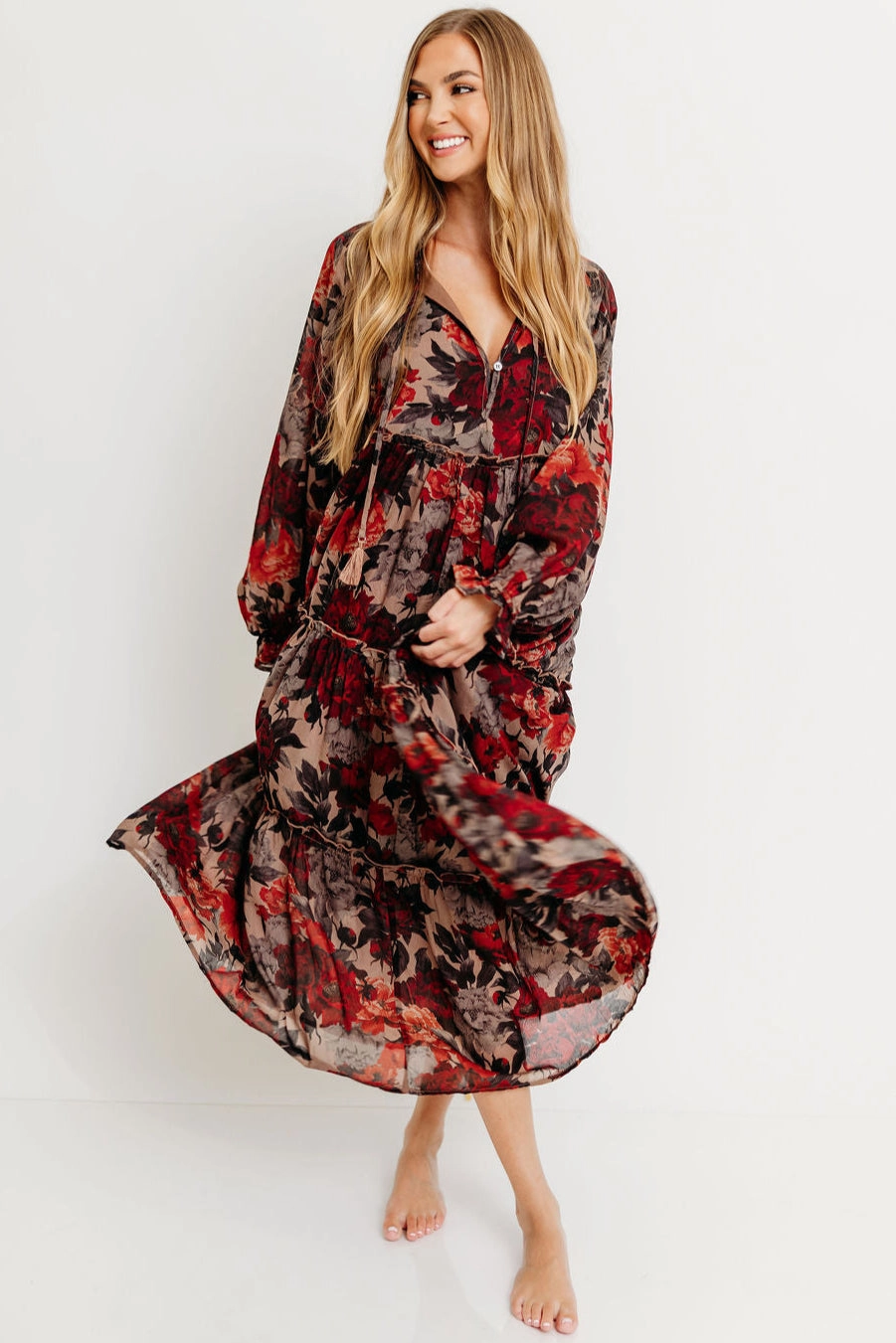 All-Day Comfort Wear Dropped-Waist Tabitha Midi Dress in Sand - Bump Friendly