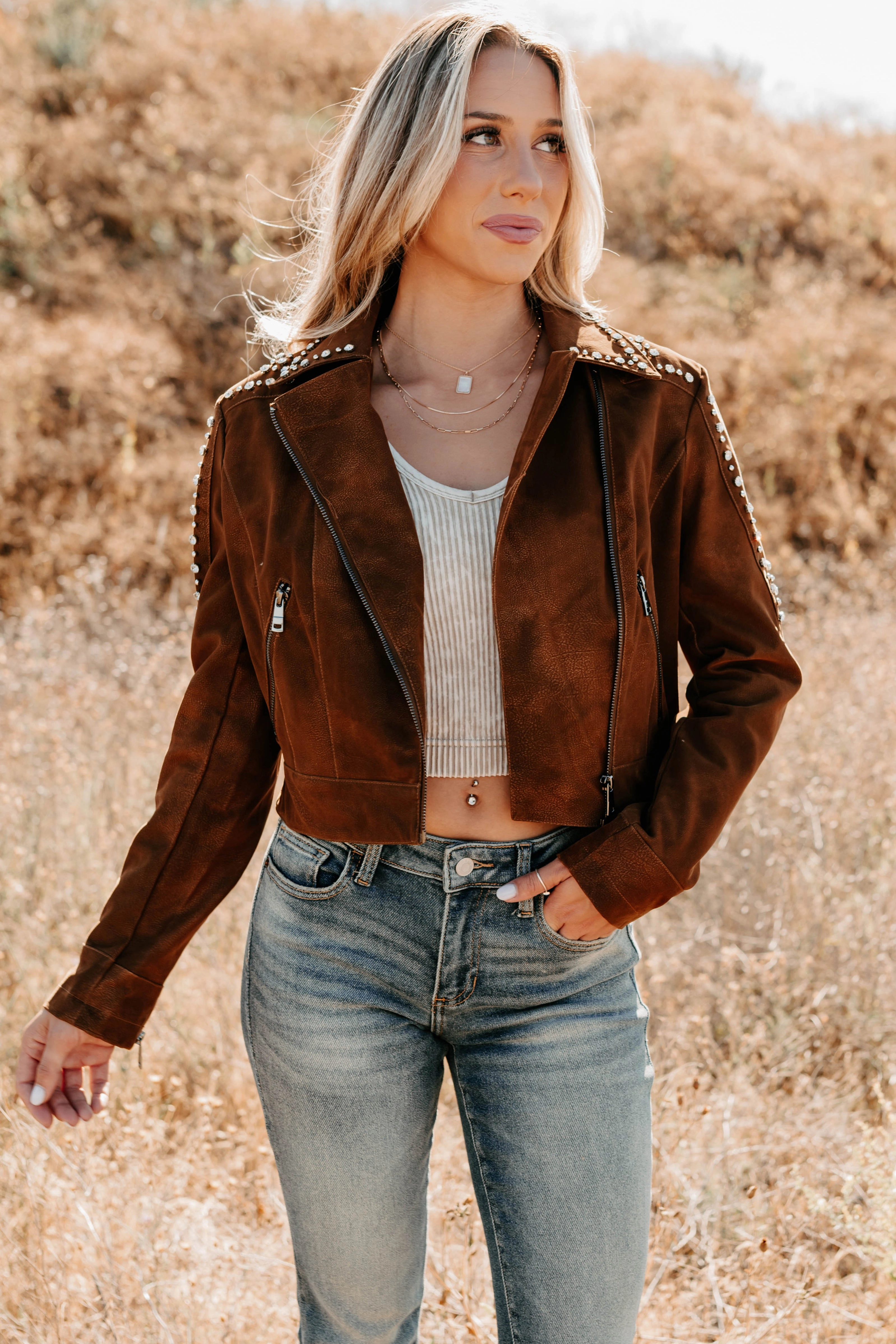 Rank Boots & Blush Rhinestone Studded Suede Jacket (Camel)