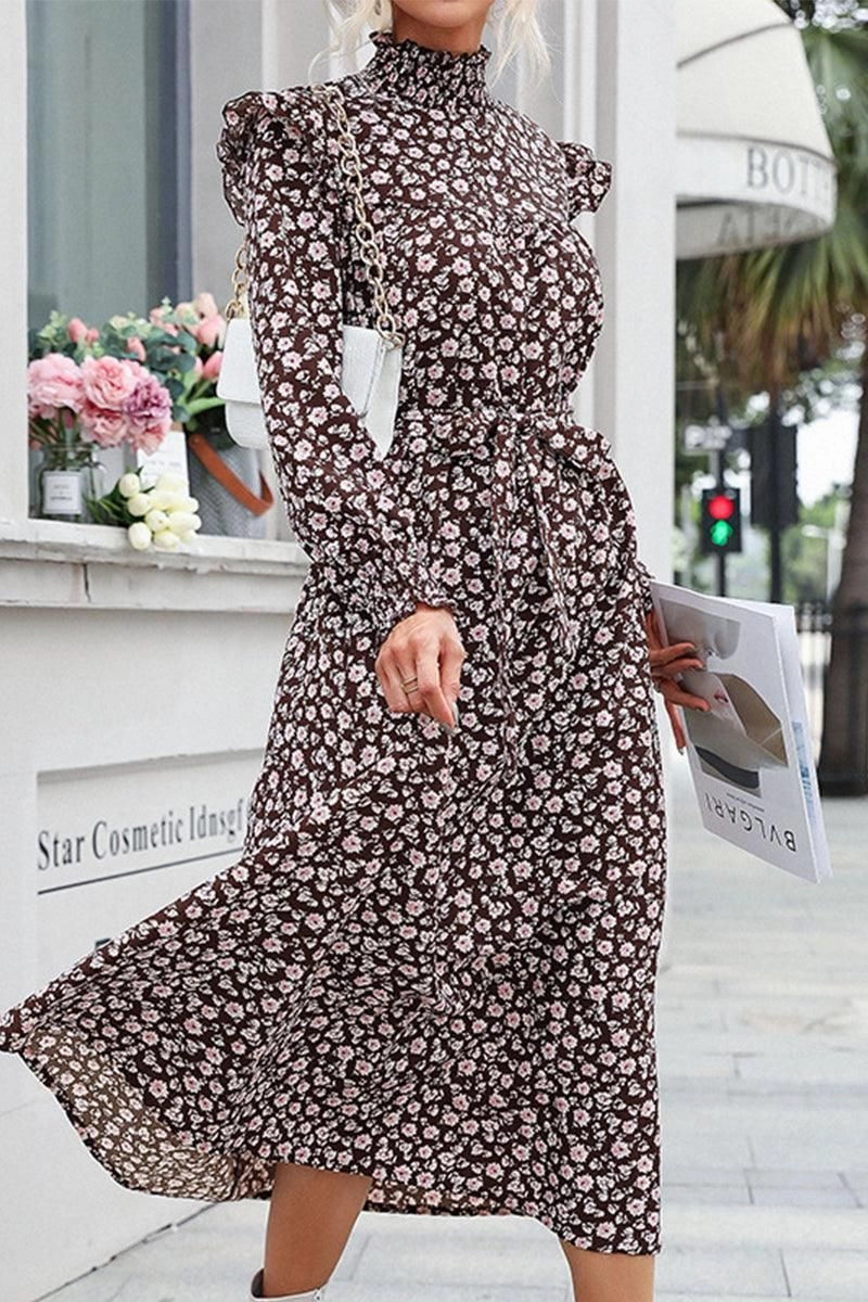 HIGH NECK FLORAL PATTERNED LONG DRESS Smooth Edge