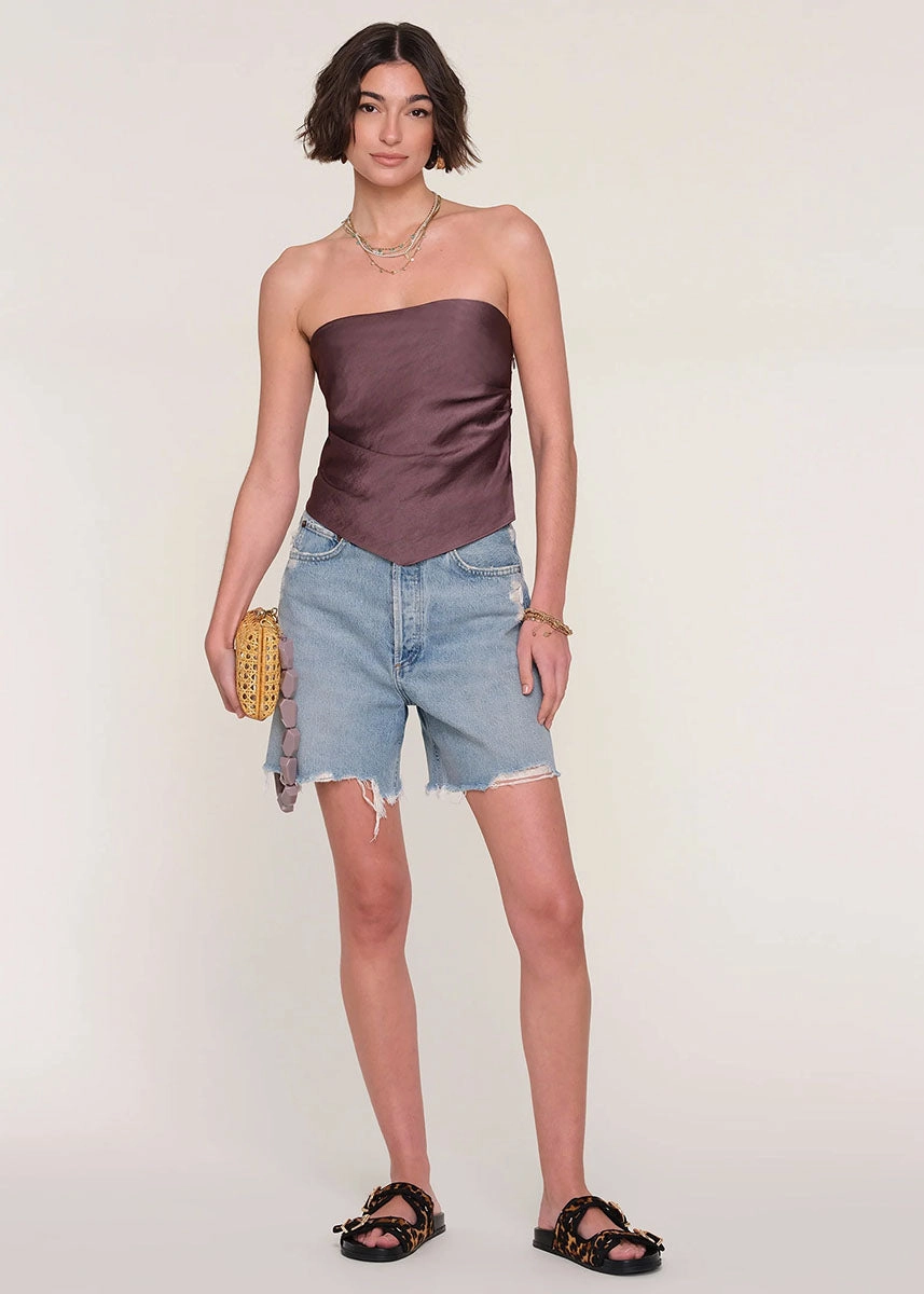 Adrian Top - Mocha Grid Texture Fabric Roll Up Sleeve Design