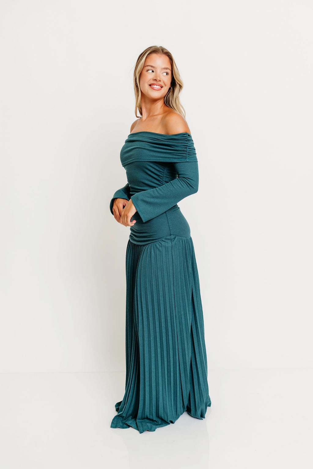Pleated-Skirt Grace Base Lennox Long Sleeve Maxi Dress in Green