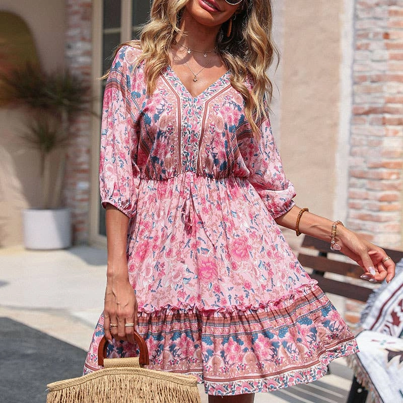 All Gender Autumn Ready BOHO HALF-SLEEVED FLORAL DRESS_CWDSD3867