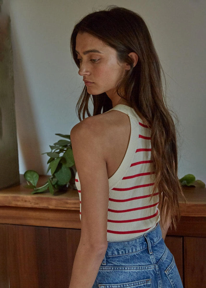 Talk About It Tank - Cream Red Wrinkle Resistant Treatment LightweightFabric