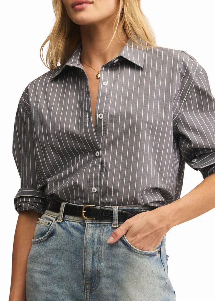 OdorResistant Coating Ventilated Panel Design Seaport Striped Poplin Shirt - Washed Grey