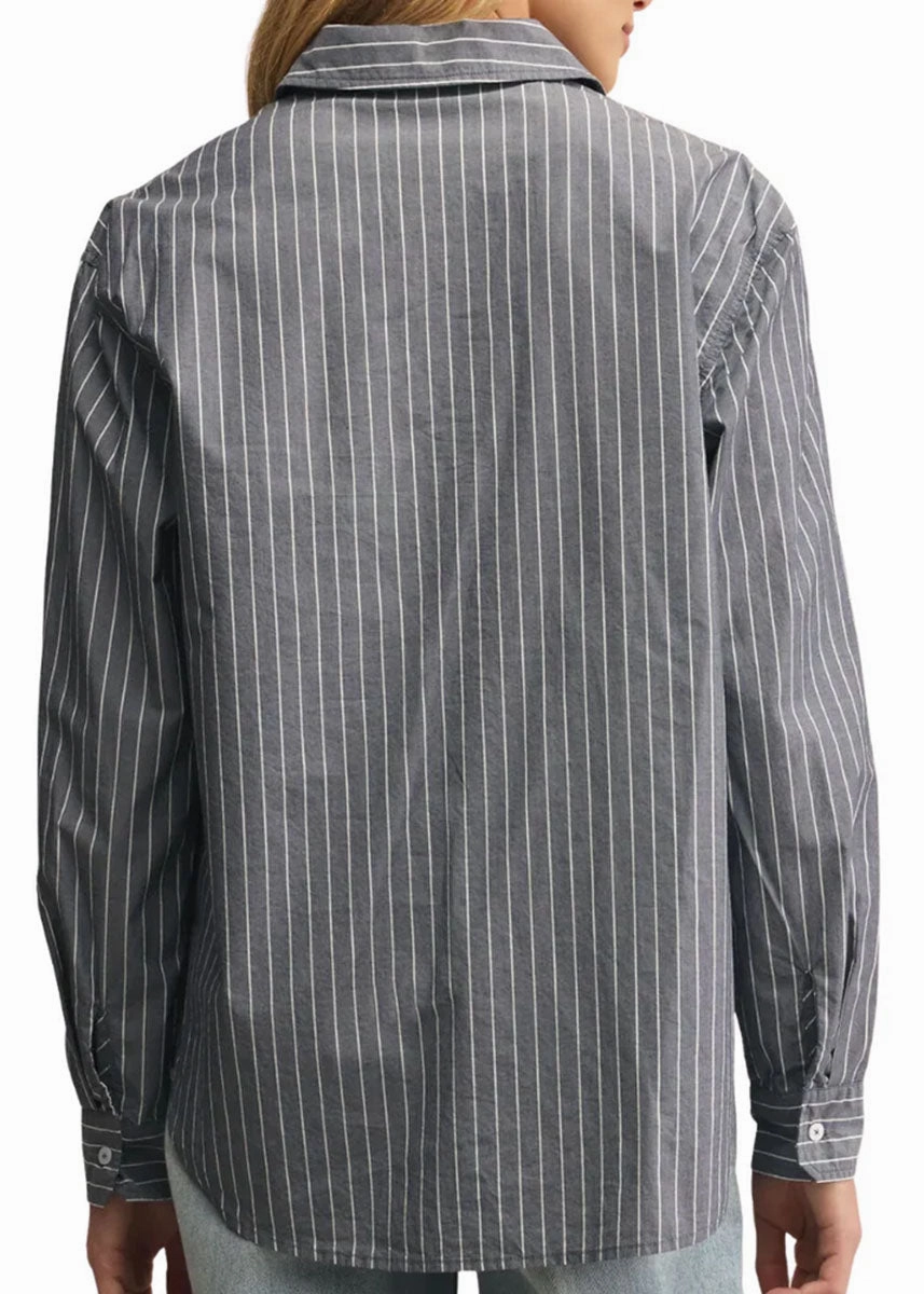 Seaport Striped Poplin Shirt - Washed Grey Reinforced Shoulder Panels LowProfile Zipper