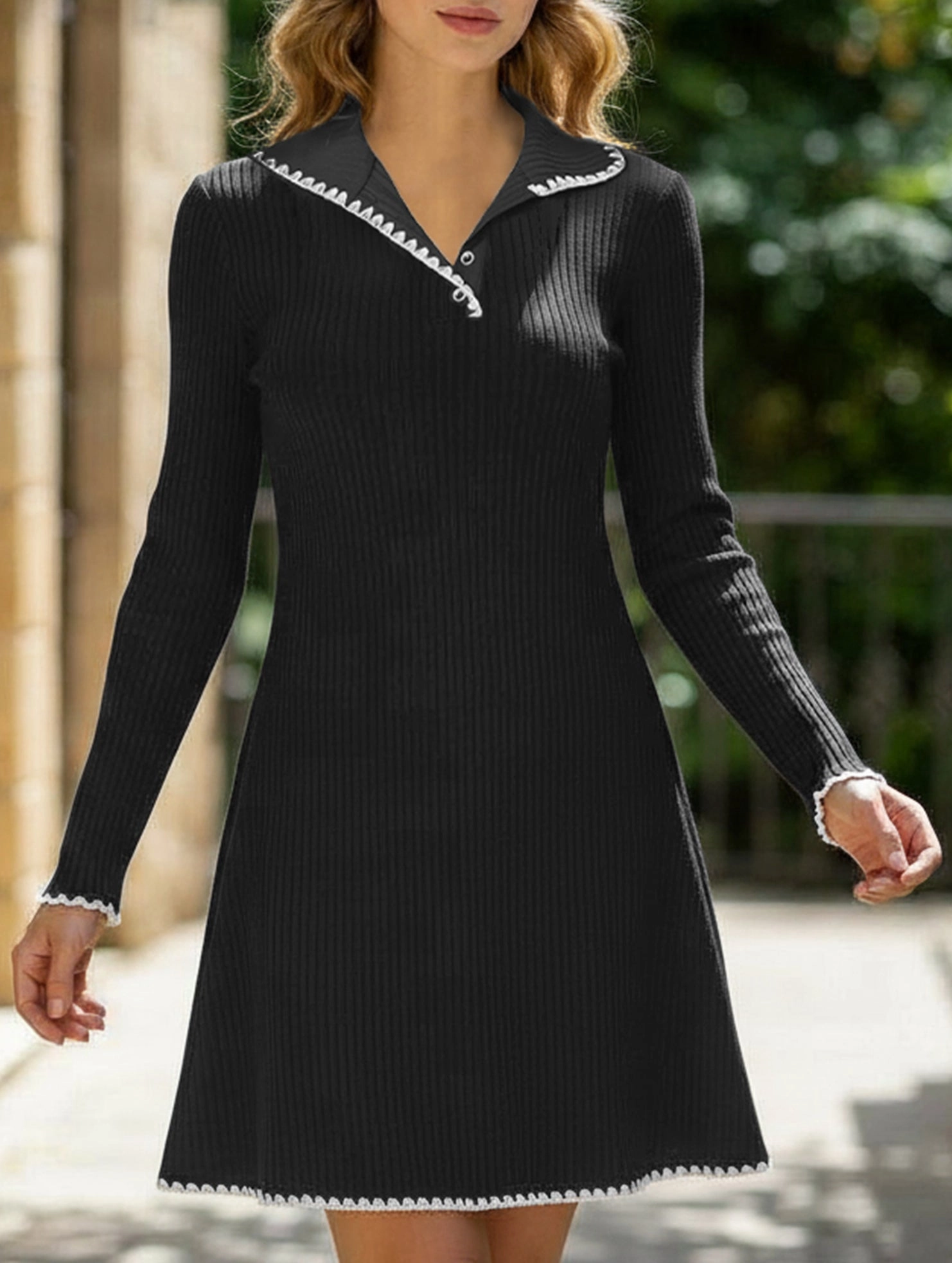 Casual Feel vacation look Knitted slim-fitting A-line long-sleeved dress