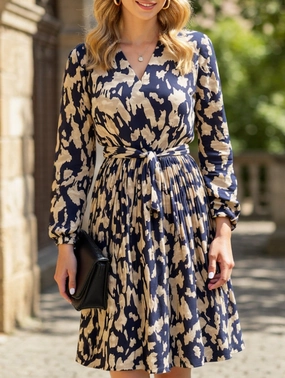 Versatile Piece Pleated printed long-sleeved dress