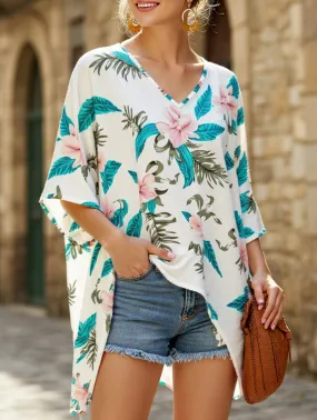 Loose cut ConvertibleCollarSystem V Neck Printed Bat Sleeve Top with Loose Baggy Fit