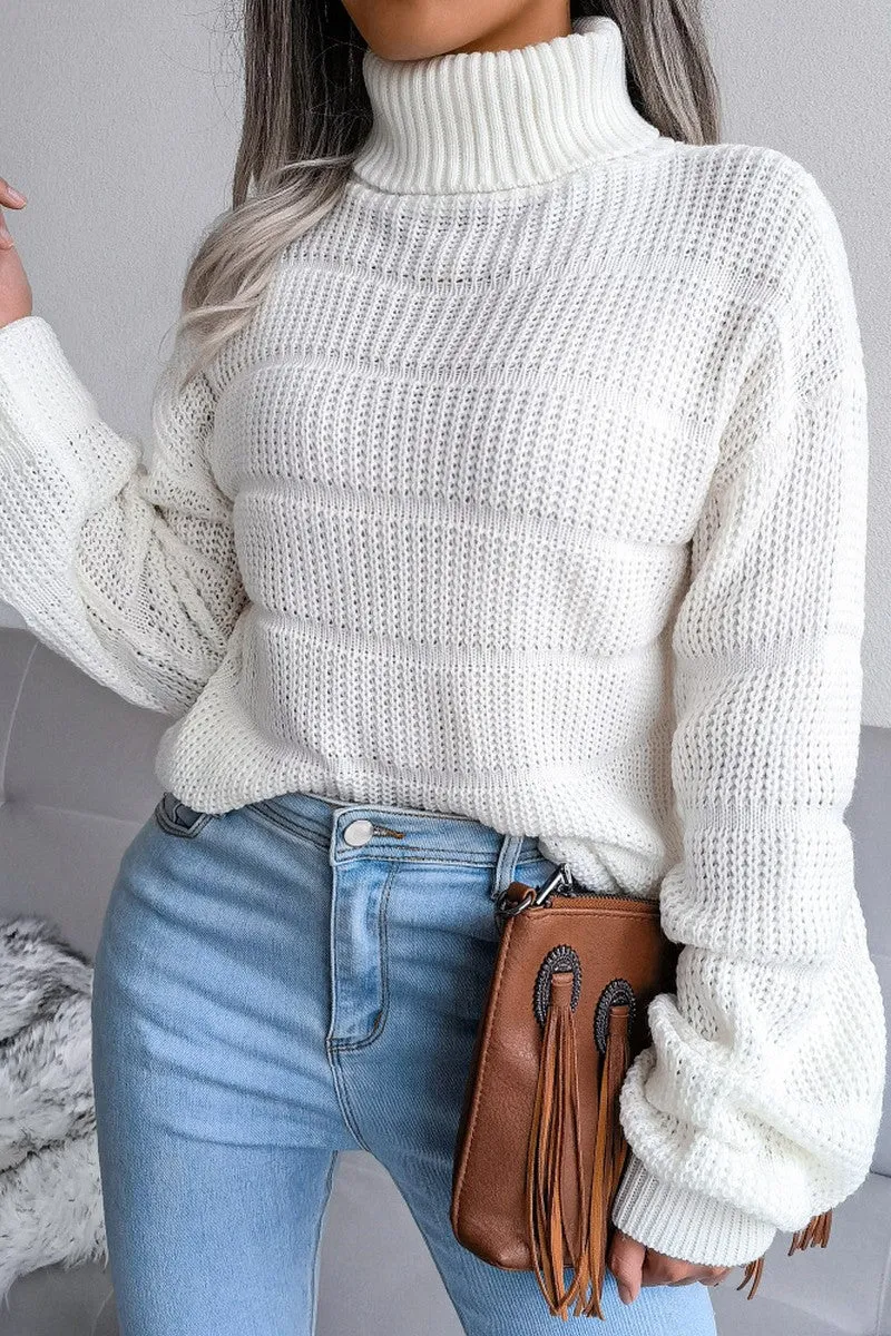 WOMEN CABLE KNITTED TURTLE NECK LOOSE FIT SWEATER Reinforced Collar Soft Touch Fit