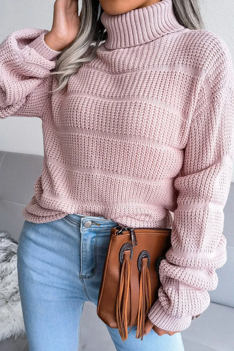 Chunky Yarn WOMEN CABLE KNITTED TURTLE NECK LOOSE FIT SWEATER