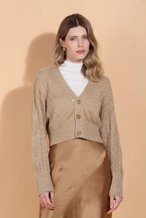 Quilted Interior Layer ErgonomicFit Cable Knit Short Cardigan With Sequins in Camel