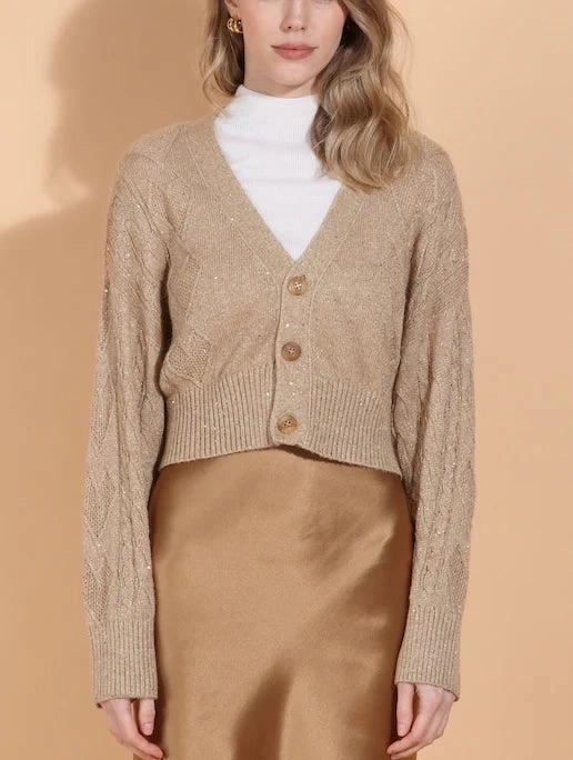 Cable Knit Short Cardigan With Sequins in Camel Layer Essential Piece Outdoor Activity