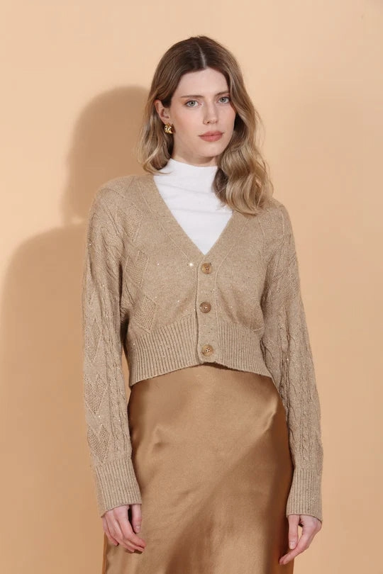 Quilted Interior Layer ErgonomicFit Cable Knit Short Cardigan With Sequins in Camel