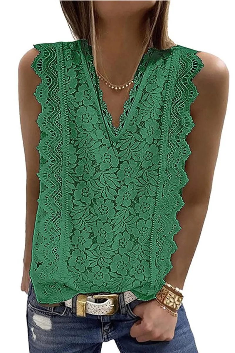 V NECK FLORAL LACE MESH SLEEVELESS TOP HeavyweightThermal