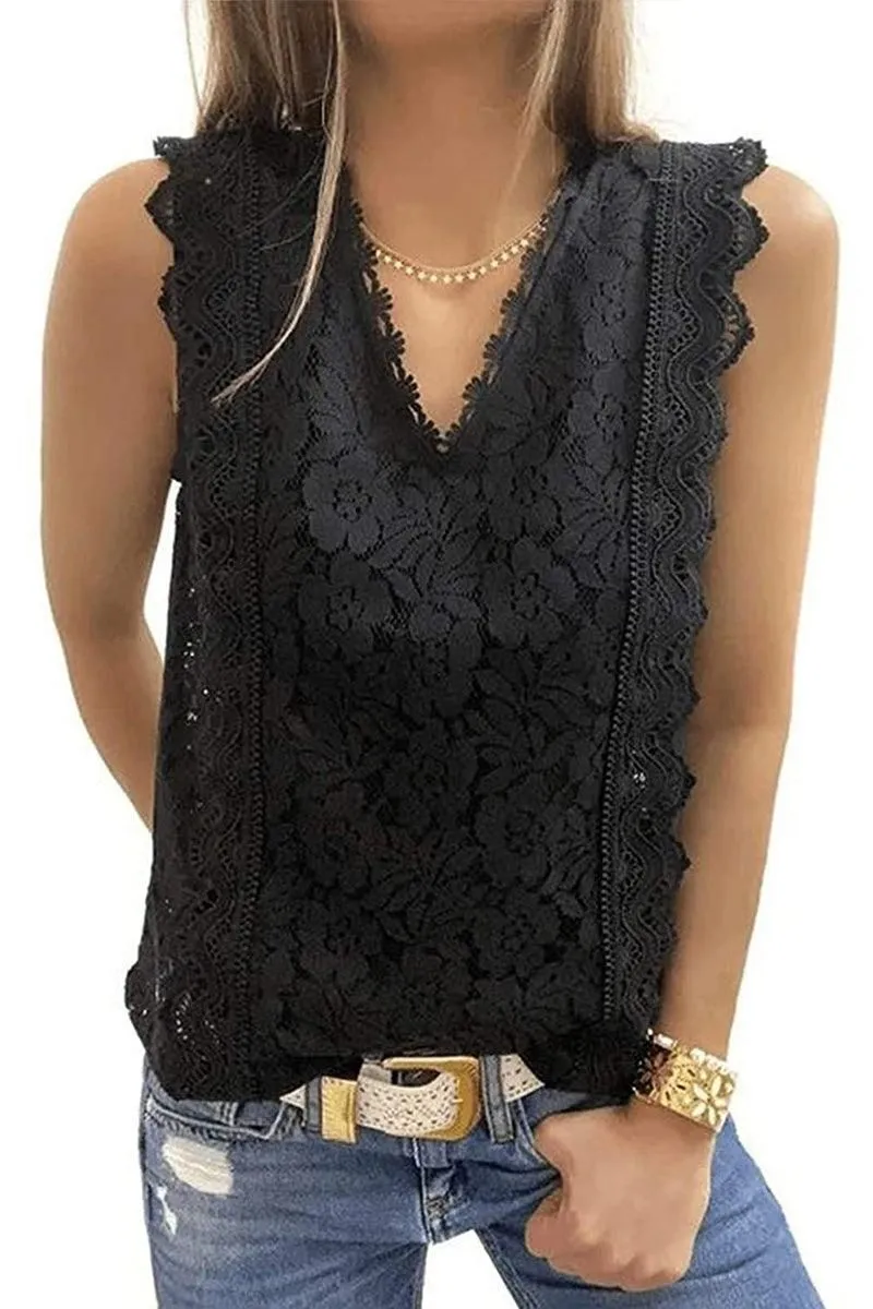 AdjustableHemCuffs V NECK FLORAL LACE MESH SLEEVELESS TOP
