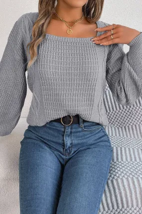 WOMEN CABLE KNITTED SQUARE NECK KNIT SWEATSHIRT Soft Sweater ComfortStretch