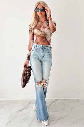 Chic Comfort Non Irritating Fabric Lipstick Logic Floral Mesh Bodysuit (Taupe/Multi)