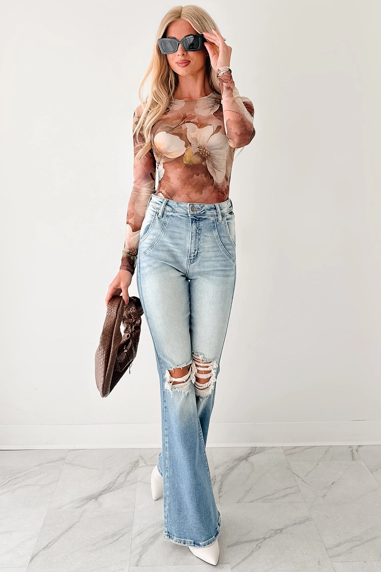 Chic Comfort Non Irritating Fabric Lipstick Logic Floral Mesh Bodysuit (Taupe/Multi)